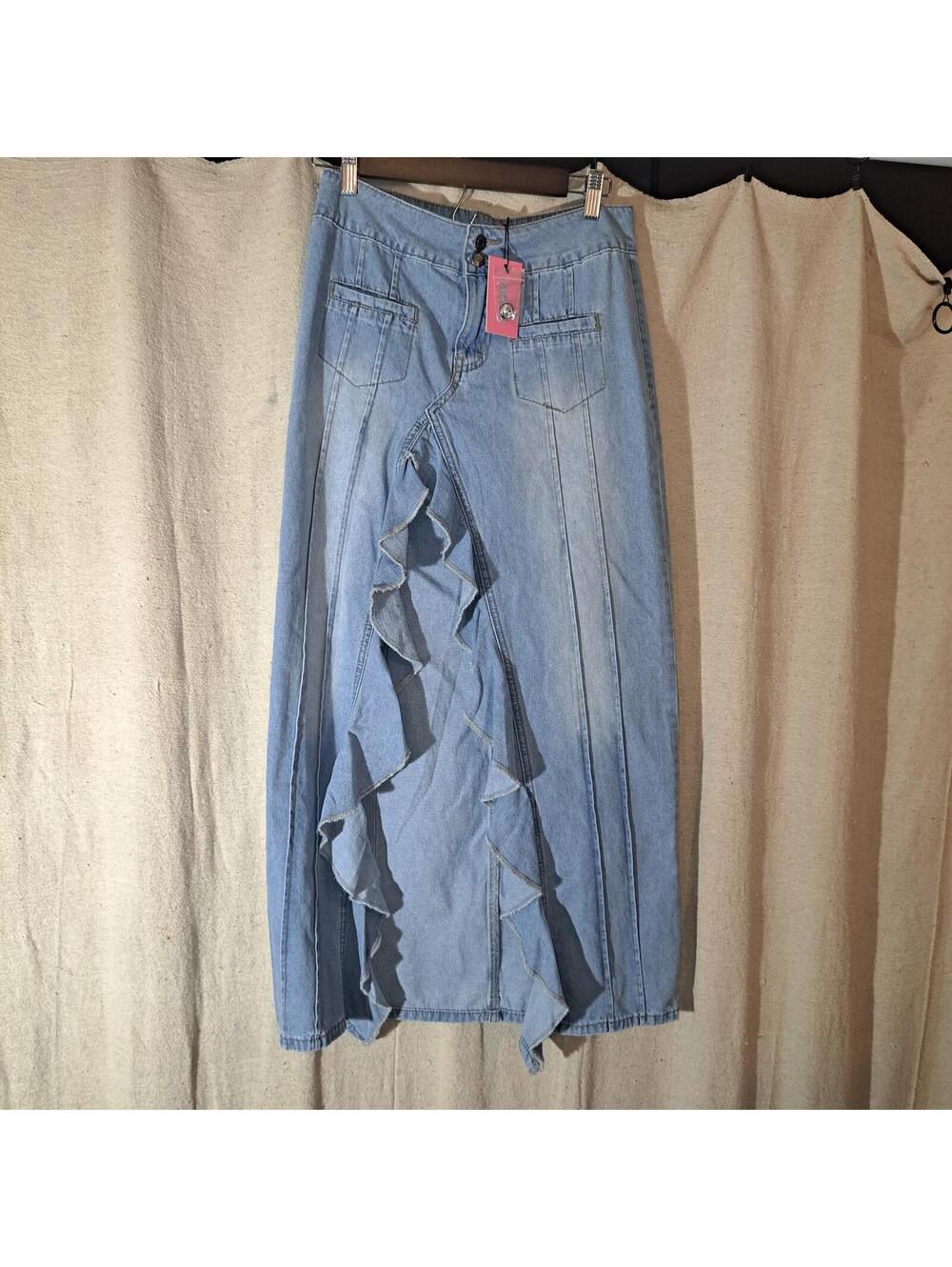 Edikted Light Blue Denim Ruffle Front Maxi Skirt